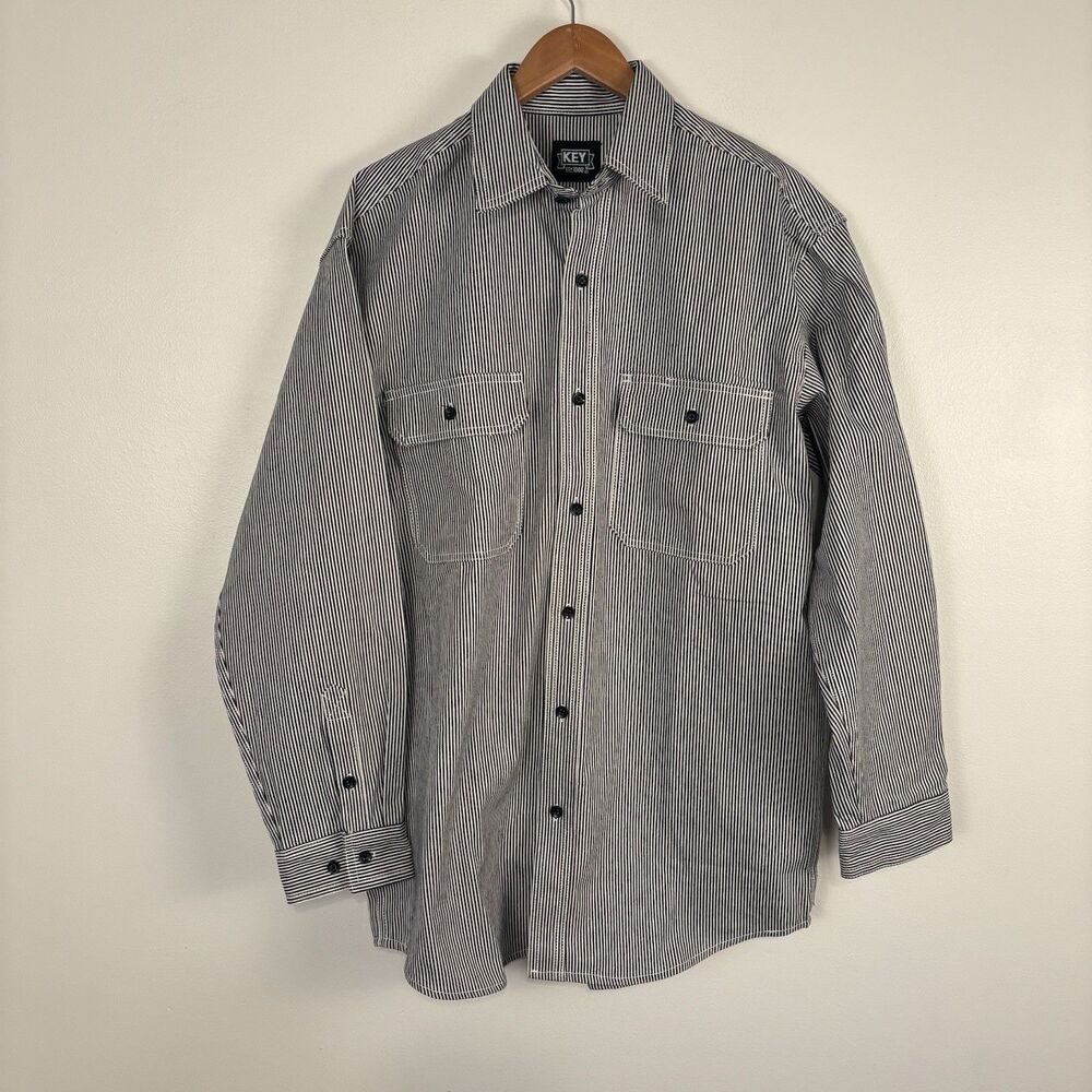 Key Hickory Stripe Logger Shirt, Button Front Long Sleeve Mens Medium Blue White